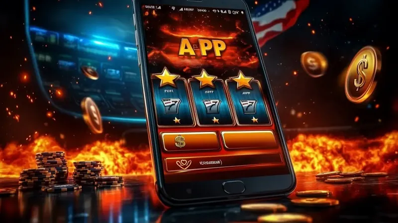 A smartphone showcases the Kingtaka casino app with a classic 777 slot machine interface. The background is filled with flames, poker chips, and a subtle American flag, highlighting top slots.