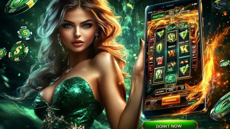 A beautiful woman in a sequined green dress presents a tablet displaying an exciting emerald-themed slot game on the Kingtaka platform, surrounded by floating green casino chips.