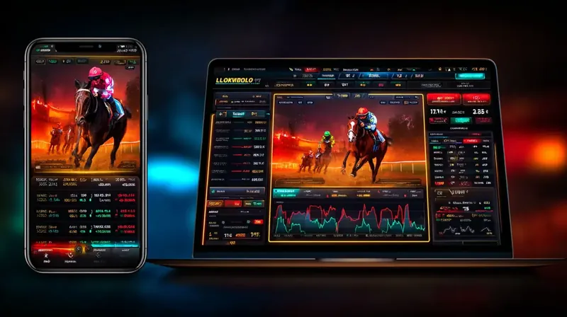 The Kingtaka horse racing betting platform displayed on both a laptop and smartphone, showing live race footage, dynamic odds, and detailed graphs for an immersive betting experience.