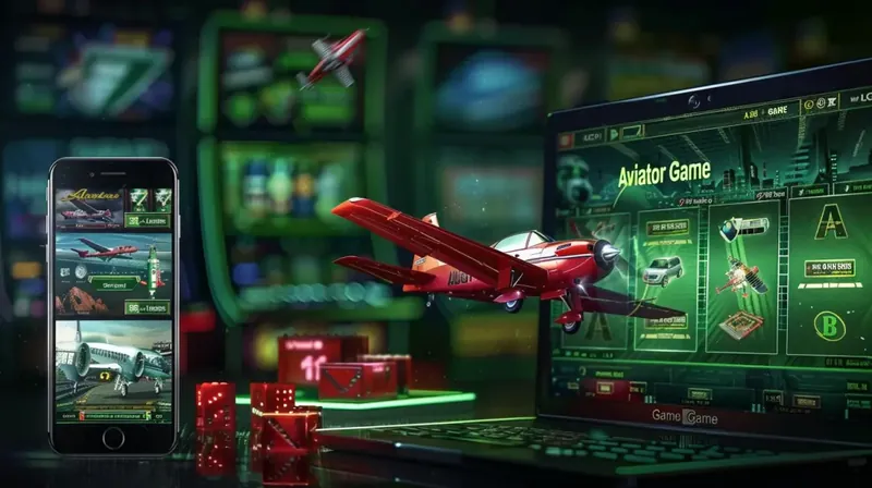 The Aviator Game from Kingtaka shown on both a laptop and a smartphone, displaying its unique interface. A model of a red airplane and dice sit on the desk, enhancing the theme.