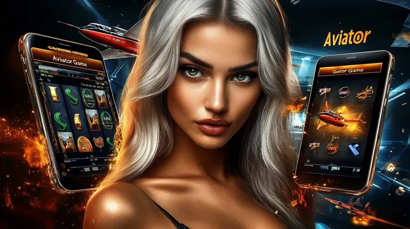 A beautiful woman with striking silver hair is featured between two smartphones displaying the popular Aviator Game on the Kingtaka app, with planes and slot reels in the background.