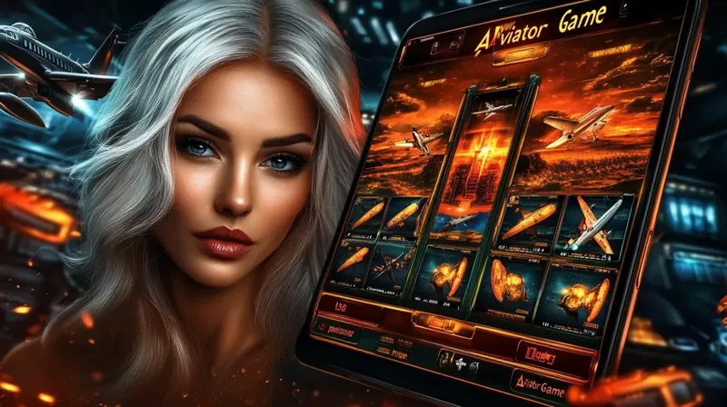 A glamorous woman with silver hair looks on as a tablet displays the thrilling Aviator Game slot from Kingtaka, which features reels with various airplanes against a fiery backdrop.