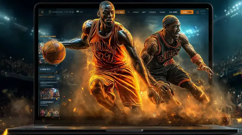 A laptop displays a dynamic image of two basketball players in the middle of an intense game, surrounded by fiery effects, showcasing live basketball betting options on the Kingtaka platform.