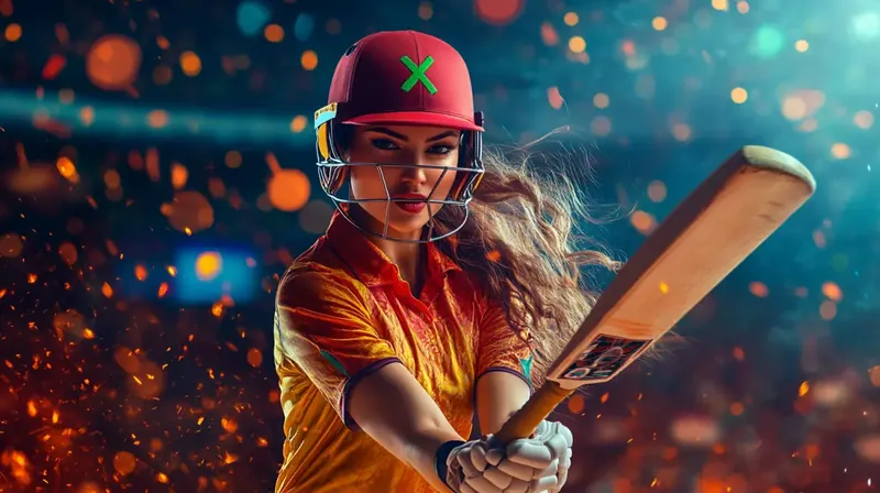 A determined female cricket player wearing a helmet holds a bat, ready to strike, set against a dynamic background of sparks and bokeh lights. Bet on cricket matches with Kingtaka.