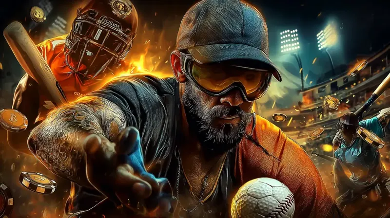 An intense shot of a tattooed man in a baseball cap reaching towards the viewer amidst a fiery sports betting scene. A baseball and a batter highlight Kingtaka sports betting options.