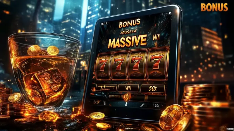A tablet shows a MASSIVE WIN on a 7777 slot game at Kingtaka casino, placed next to a glass of whiskey and piles of gold coins, symbolizing a luxurious jackpot victory.