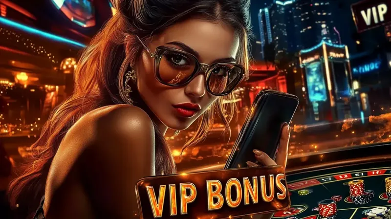 A stylish woman wearing sunglasses in a high-end casino setting, with a glowing VIP BONUS sign in the foreground. An exclusive promotion for loyal Kingtaka members.
