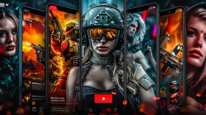 A collage of smartphone screens showcasing powerful female characters from a Kingtaka tactical shooter game. The central character wears a helmet and goggles, ready for a mission.