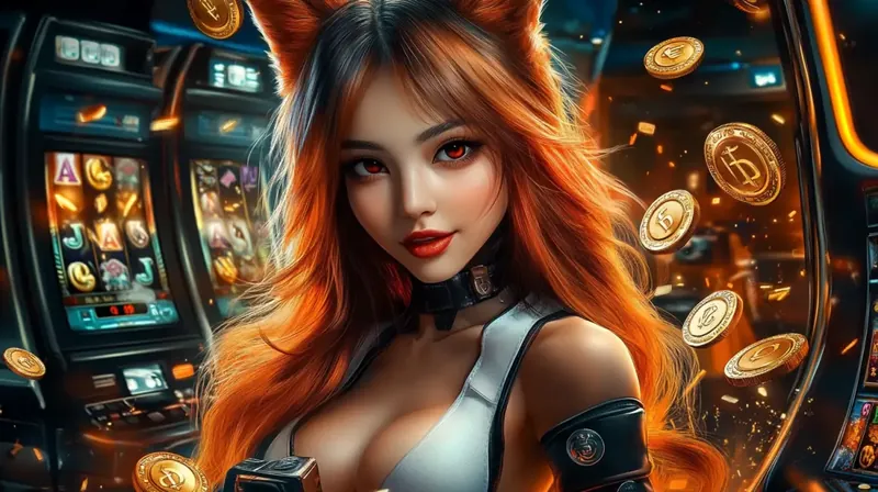 A beautiful woman with vibrant red hair and fox ears smiles in a casino, surrounded by glowing Kingtaka slot machines and floating gold coins, creating a magical gaming atmosphere.