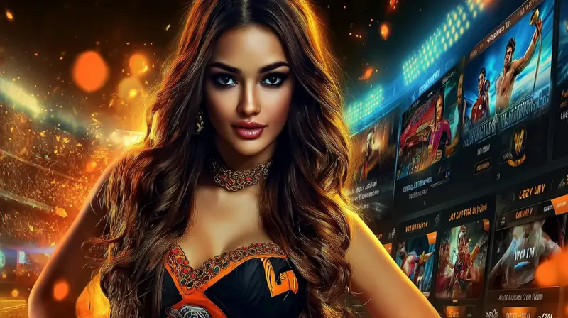 A glamorous woman looks confidently at the camera, with brightly lit online sports betting screens in the background showcasing the diverse game options on the Kingtaka platform.