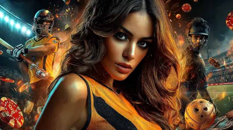 An intense promotional image for Kingtaka sports betting, featuring a captivating woman in the foreground with two baseball players ready for action, all set against a fiery, dynamic background.
