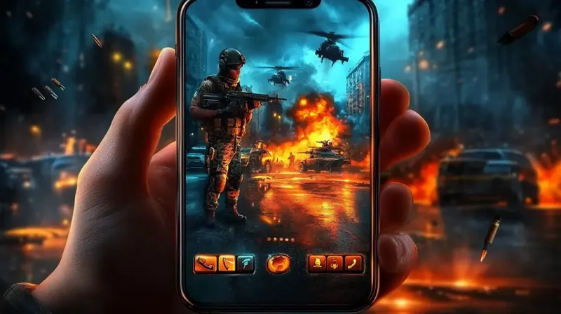 A hand holds a smartphone displaying an intense military action game from Kingtaka. The screen shows a soldier in a war-torn city with tanks, helicopters, and explosions.