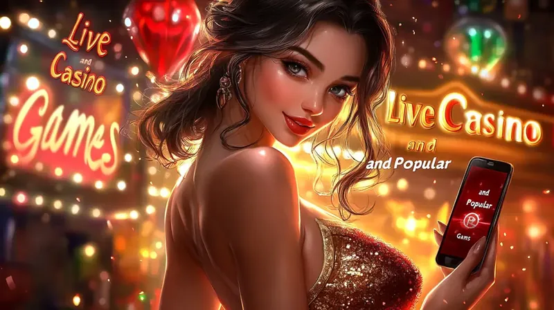 A woman in a sparkling gold dress smiles while holding a phone in a vibrant setting with neon signs for Live Casino and Popular Games, inviting players to join the fun at Kingtaka.