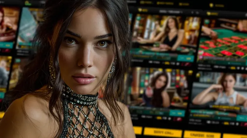 An intense close-up of a woman's face, with the background showing a gallery of live casino dealer streams on the Kingtaka website, including options for roulette and card games.