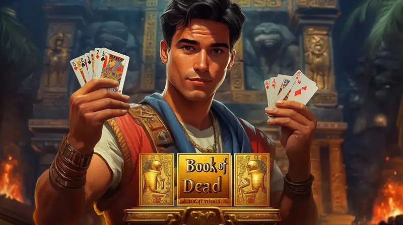 A charismatic adventurer holds playing cards in an ancient Egyptian tomb, promoting the Book of Dead slot game on the Kingtaka platform, with the game's logo displayed prominently.