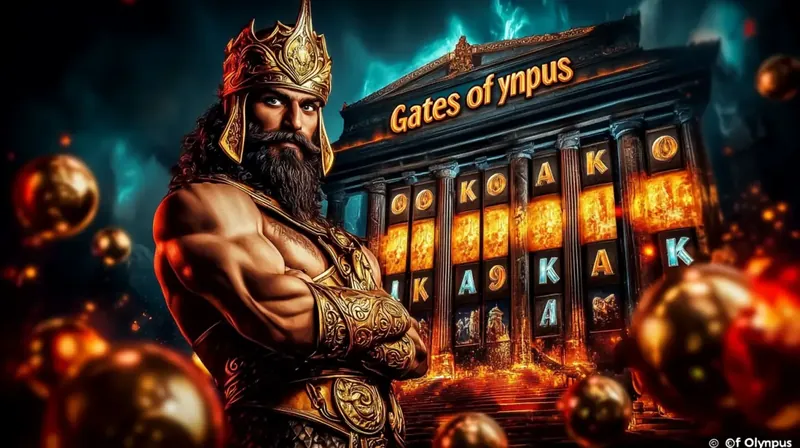 A powerful god-like figure with a crown and muscular build stands before the Gates of Olympus slot machine at Kingtaka casino, surrounded by golden orbs in an epic, mythical setting.