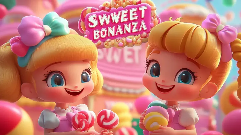 Two cheerful cartoon girls hold lollipops in a vibrant candy world, representing the popular Sweet Bonanza slot game available for exciting gameplay at Kingtaka online casino.